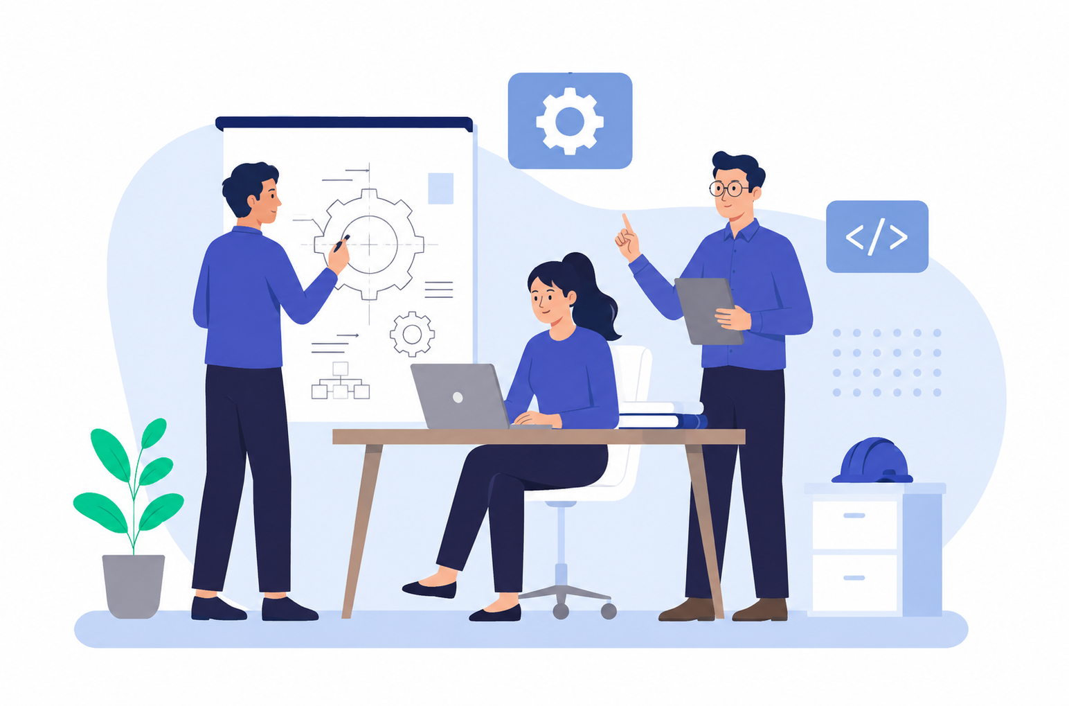 Product team collaborating in a modern workspace